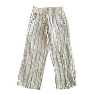 Athleta Cabo Tide Linen Wide Leg Pants Sz 8P Ivory White Gray Stripe 406735